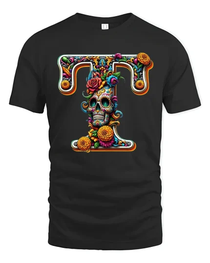 Floral Skull Letter T Decorative Art Graphic Tee - black t-shirt on white background
