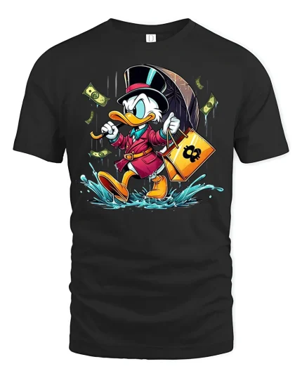 Rich Money Duck Cartoon Splash Graphic Fun Tee - black t-shirt on white background