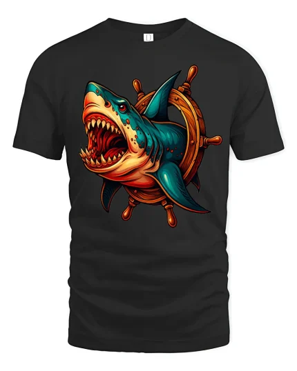 Fierce Shark Wheel Nautical Attack Graphic Tee - black t-shirt on white background