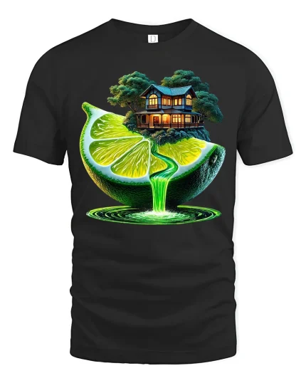 Surreal Lime Waterfall Fantasy House Art Tee - black t-shirt on white background