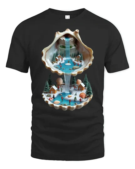 Seashell Waterfall Mini World Fantasy Art Tee - black t-shirt on white background