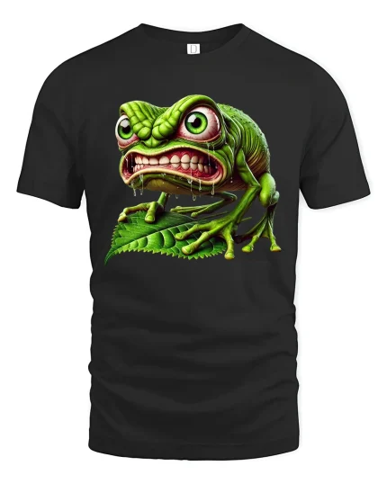 Funny Crazy Chameleon Creature Cartoon Graphic Tee - black t-shirt on white background