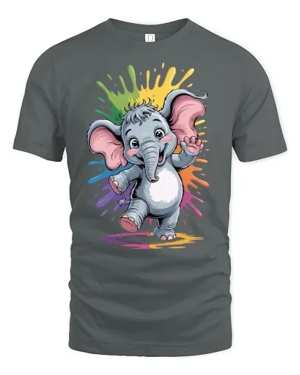 Cute Baby Elephant Rainbow Splash Graphic Tee - gray t-shirt on white background