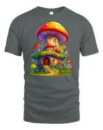 Whimsical Mushroom House Fantasy Cottage Art Tee - gray t-shirt on white background