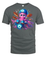 Cute Drummer Octopus Cartoon Music Fun Graphic Tee - gray t-shirt on white background