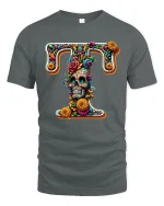 Floral Skull Letter T Decorative Art Graphic Tee - gray t-shirt on white background