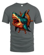 Fierce Shark Wheel Nautical Attack Graphic Tee - gray t-shirt on white background