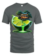 Surreal Lime Waterfall Fantasy House Art Tee - gray t-shirt on white background