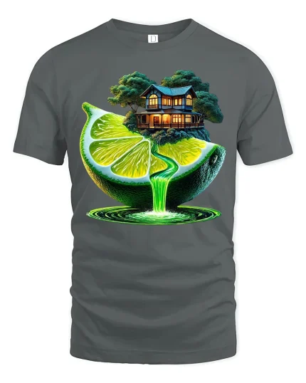 Surreal Lime Waterfall Fantasy House Art Tee - gray t-shirt on white background