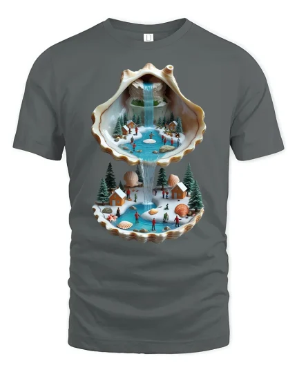 Seashell Waterfall Mini World Fantasy Art Tee - gray t-shirt on white background