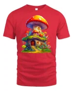 Whimsical Mushroom House Fantasy Cottage Art Tee - red t-shirt on white background