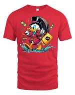 Rich Money Duck Cartoon Splash Graphic Fun Tee - red t-shirt on white background