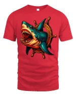 Fierce Shark Wheel Nautical Attack Graphic Tee - red t-shirt on white background