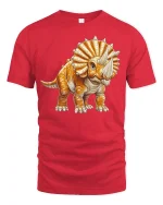 Cute Orange Triceratops Cartoon Dino Graphic Tee - red t-shirt on white background