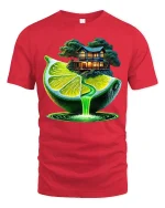 Surreal Lime Waterfall Fantasy House Art Tee - red t-shirt on white background