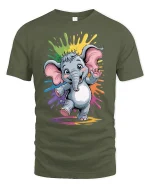 Cute Baby Elephant Rainbow Splash Graphic Tee - military green t-shirt on white background