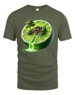 Surreal Lime House Waterfall Fantasy Art Tee - military green t-shirt on white background