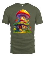 Whimsical Mushroom House Fantasy Cottage Art Tee - military green t-shirt on white background