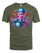 Cute Drummer Octopus Cartoon Music Fun Graphic Tee - military green t-shirt on white background