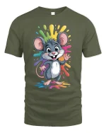 Cute Rainbow Splash Mouse Cartoon Fun Graphic Tee - military green t-shirt on white background