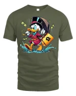 Rich Money Duck Cartoon Splash Graphic Fun Tee - military green t-shirt on white background