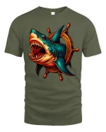 Fierce Shark Wheel Nautical Attack Graphic Tee - military green t-shirt on white background