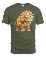 Cute Orange Triceratops Cartoon Dino Graphic Tee - military green t-shirt on white background