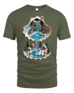 Seashell Waterfall Mini World Fantasy Art Tee - military green t-shirt on white background