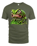 Funny Crazy Chameleon Creature Cartoon Graphic Tee - military green t-shirt on white background