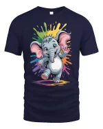 Cute Baby Elephant Rainbow Splash Graphic Tee - navy t-shirt on white background