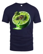 Surreal Lime House Waterfall Fantasy Art Tee - navy t-shirt on white background