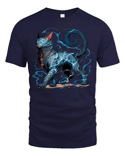 Electric Mystic Cat Lightning Fantasy Graphic Tee - navy t-shirt on white background