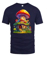 Whimsical Mushroom House Fantasy Cottage Art Tee - navy t-shirt on white background