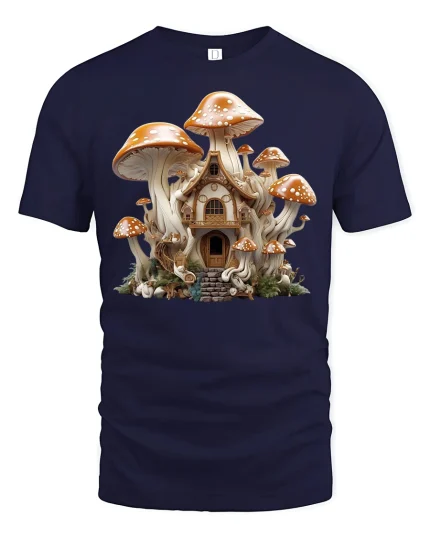 Enchanted Mushroom House Forest Cottage Art Tee - navy t-shirt on white background