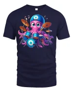 Cute Drummer Octopus Cartoon Music Fun Graphic Tee - navy t-shirt on white background