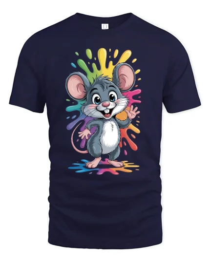 Cute Rainbow Splash Mouse Cartoon Fun Graphic Tee - navy t-shirt on white background