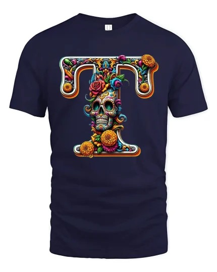 Floral Skull Letter T Decorative Art Graphic Tee - navy t-shirt on white background