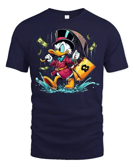 Rich Money Duck Cartoon Splash Graphic Fun Tee - navy t-shirt on white background