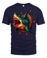 Fierce Shark Wheel Nautical Attack Graphic Tee - navy t-shirt on white background