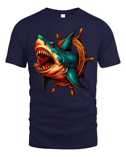 Fierce Shark Wheel Nautical Attack Graphic Tee - navy t-shirt on white background