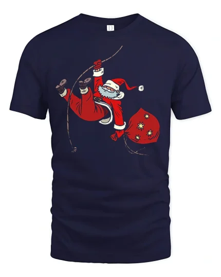 Funny Santa Rope Swing Christmas Cartoon Graphic Tee - navy t-shirt on white background