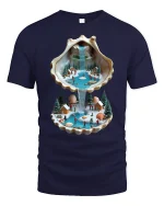 Seashell Waterfall Mini World Fantasy Art Tee - navy t-shirt on white background
