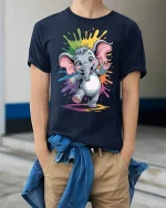 Cute Baby Elephant Rainbow Splash Graphic Tee - model wearing navy tee with hands in pockets