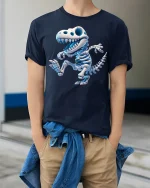 Cute Dino Skeleton Cartoon T-Rex Fun Graphic Tee - model wearing navy tee with hands in pockets