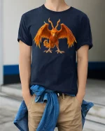 Fiery Mythical Phoenix Beast Fantasy Graphic Tee - model wearing navy tee with hands in pockets
