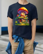 Whimsical Mushroom House Fantasy Cottage Art Tee - model wearing navy tee with hands in pockets