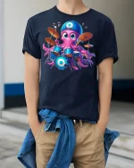 Cute Drummer Octopus Cartoon Music Fun Graphic Tee - model wearing navy tee with hands in pockets