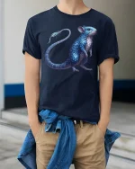 Fantasy Blue Scaled Mouse Creature Art Tee - model wearing navy tee with hands in pockets