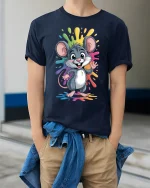 Cute Rainbow Splash Mouse Cartoon Fun Graphic Tee - model wearing navy tee with hands in pockets