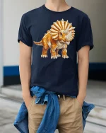 Cute Orange Triceratops Cartoon Dino Graphic Tee - model wearing navy tee with hands in pockets